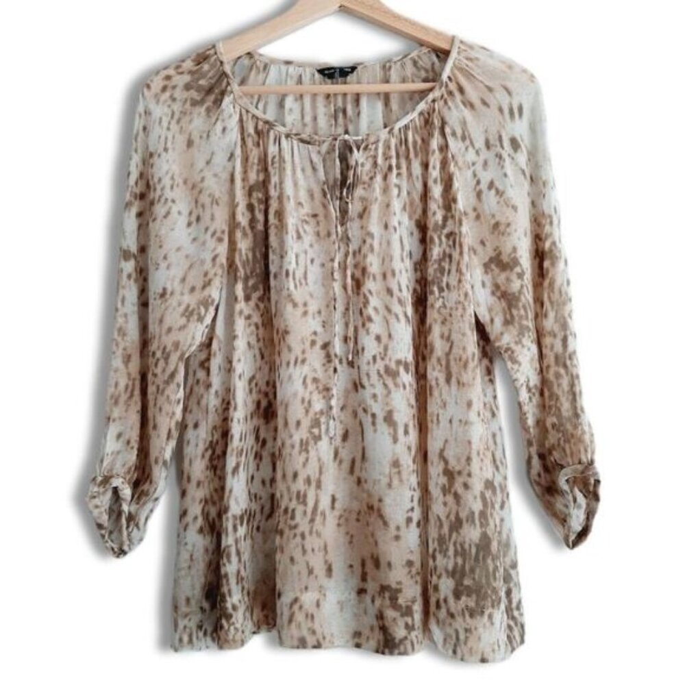 CLUB MONACO 100% Silk Semi-Sheer Lightweight Blouse Top Cheetah Sz XS Flawed